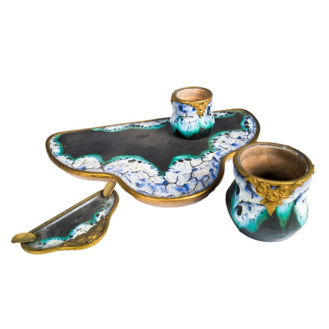 Art Nouveau Desk Set in Ceramic and Gilt Bronze, France, 1900s, Set of 4 For Sale - Image 3 of 12
