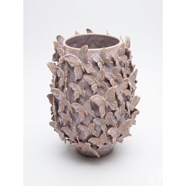 Pair of Vintage Italian Ceramic Butterfly Encrusted Vases For Sale - Image 4 of 9