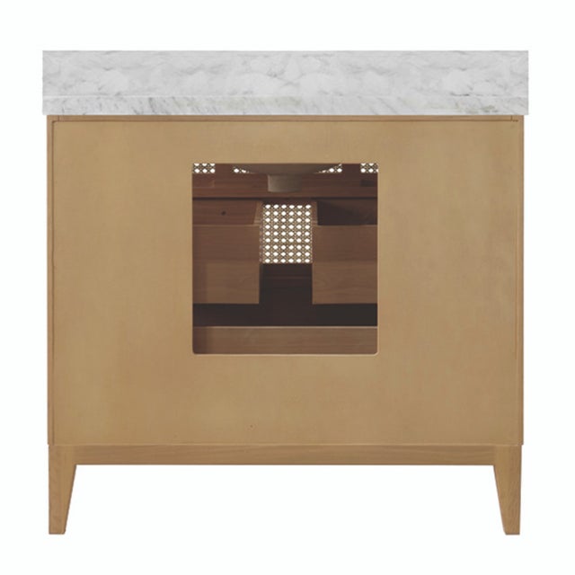 Matthew Izzo Home Wynn Cerused Oak Single Porcelain Sink, Two Door Bath Vanity With Carrara Marble Top and Brass Knobs For Sale - Image 9 of 9