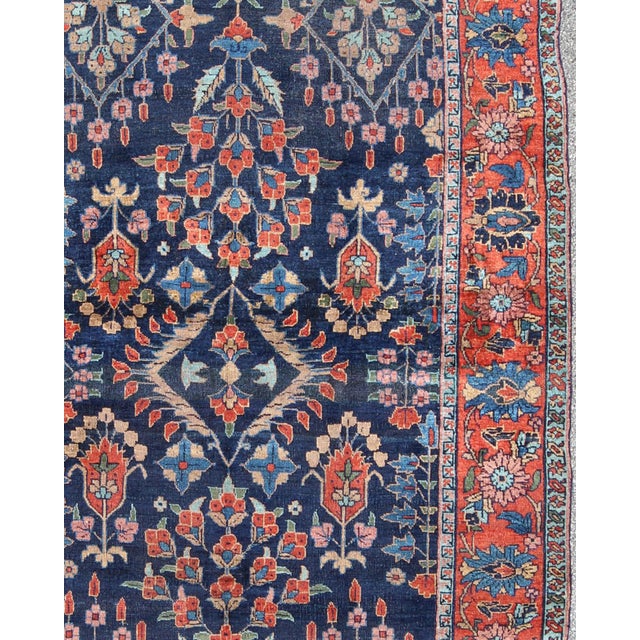 Antique Persian Tabriz Carpet With Botanical Elements in Navy Blue, Red-Orange For Sale - Image 4 of 8