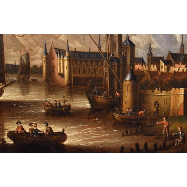 Baroque Peter Van Der Velde, Marina Landscape with Boats, 1700, Oil on Canvas For Sale - Image 3 of 16