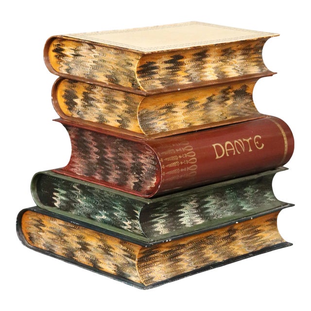 Italian Painted Tole Metal End Table Styled after Historic Literature Books For Sale