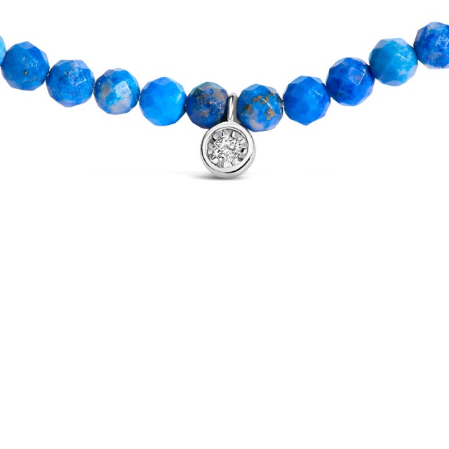 Contemporary Sterling Silver Diamond Accent Blue Lapis Bead Station Necklace For Sale - Image 3 of 5