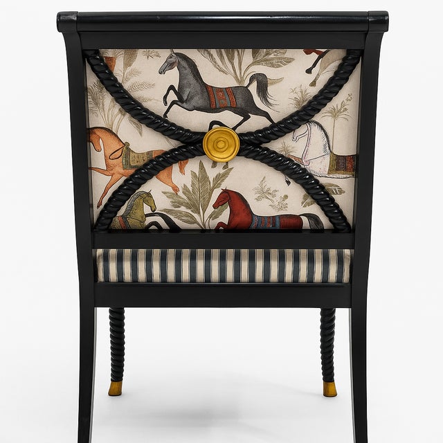 Traditional Pair of Vintage, Custom Upholstered William Switzer Ebonized & Gilt Armchairs For Sale - Image 3 of 5