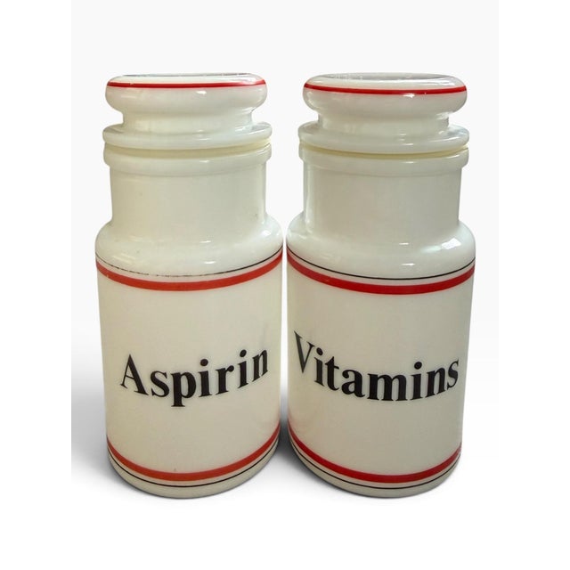Mid-Century Modern Vintage Red & White Ceramic Apothecary Jars, Aspirin & Vitamins, Pair For Sale - Image 3 of 8
