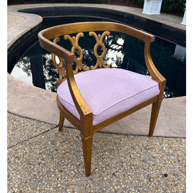 Drexel Mid Twentieth Century Dorothy Draper Style Hollywood Regency Gold Barrel Back Accent Chair by Drexel For Sale - Image 4 of 10