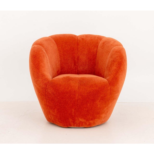 Sacha Lakic for Roche Bobois "Astrea" Orange Fabric Upholstered Swivel Arm Chair, label to side. 26.5" H x 29" W x 28" D;...