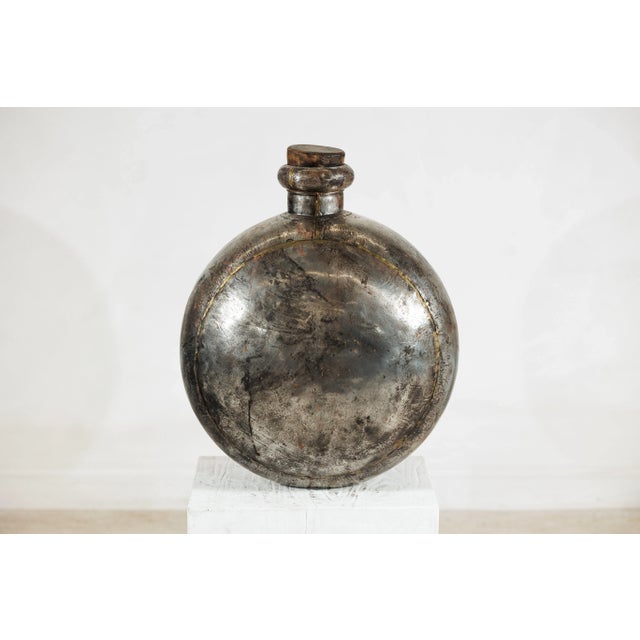 Vintage Indian Metal Water Vessel with Circular Body and Wooden Cork Top For Sale In New York - Image 6 of 12