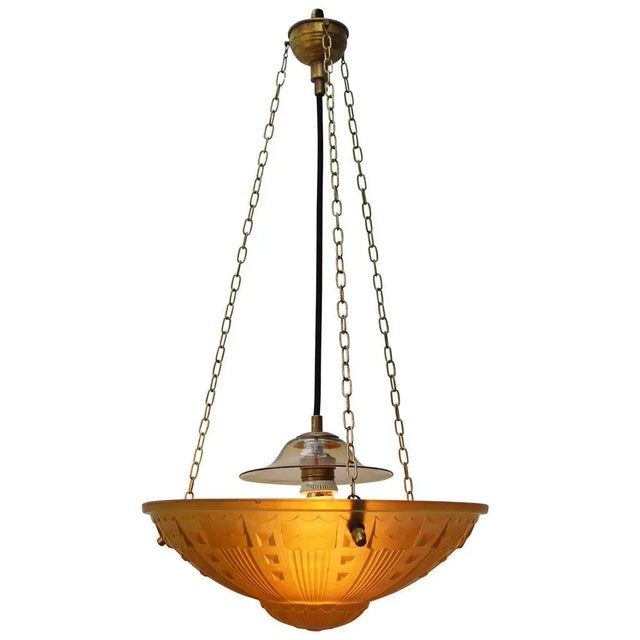 Metal French Art Deco Brass and Etched Ochre Glass Pendant Light, 1920s For Sale - Image 7 of 10