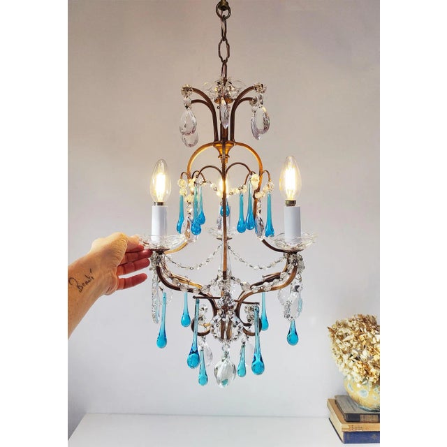 Vintage Italian Chandelier with Blue Glass Droplets, 1950s For Sale - Image 3 of 9