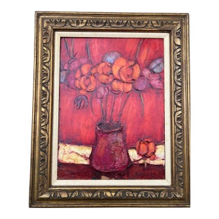 1960’s Original Abstract Textured Pop Floral Still Life Painting Carved Wood Chunky Frame For Sale