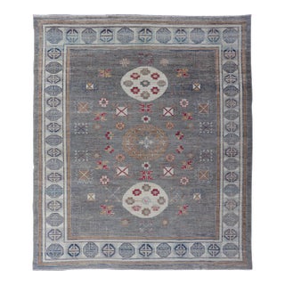 Modern Khotan Rug With Medallions in Shades of Gray, Red, and Brown 9'6 X 11'9 For Sale
