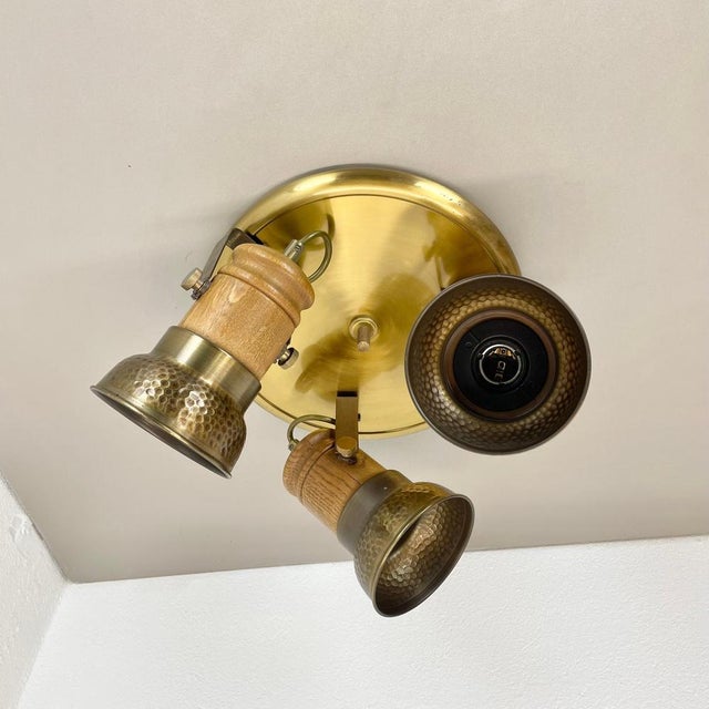 Modern Three-Spot Brass and Oak Ceiling Light from Temde Lights, 1970s For Sale - Image 16 of 18