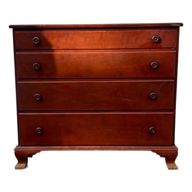 Solid Wood Early American Dresser, Vintage 4 Drawer Chest, Maple Wood Bedroom Storage For Sale