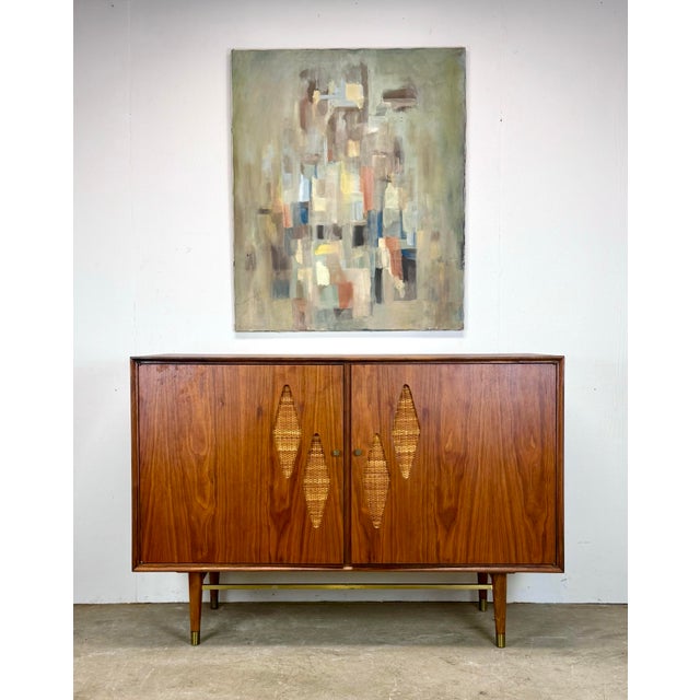 American of Martinsville Mid Century Modern Walnut, Cane & Brass Credenza / Media Stereo Cabinet Restored For Sale - Image 4 of 12