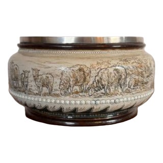 Antique Silver Rimmed Stoneware Bowl by Hannah Barlow for Royal Doulton, 1880 For Sale