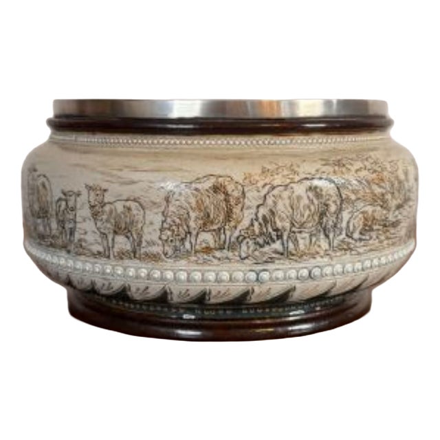 Antique Silver Rimmed Stoneware Bowl by Hannah Barlow for Royal Doulton, 1880 For Sale