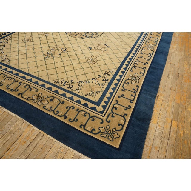 Textile 1890s Antique Chinese Peking Wool Rug Blue & Ivory Late Qing Dynasty 9' X 11' 8" For Sale - Image 7 of 9