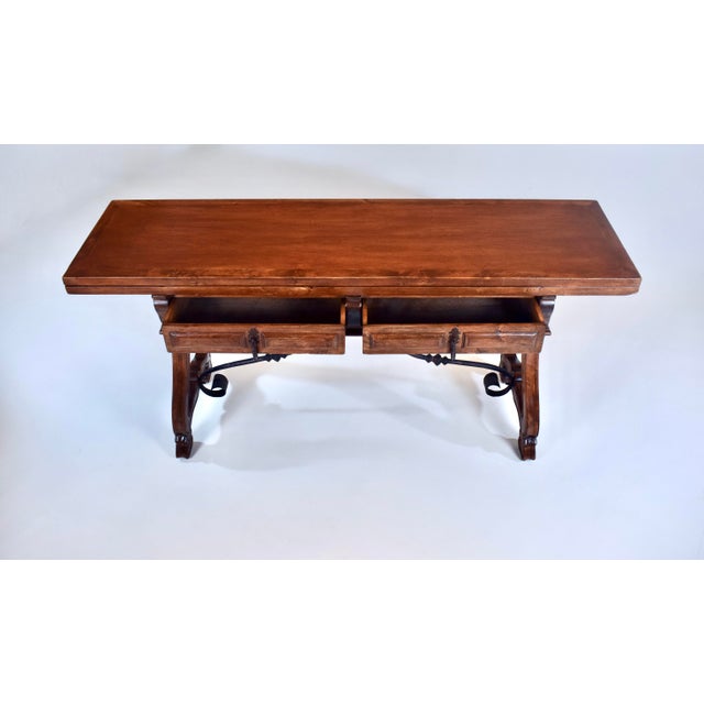 20th Century Spanish Fold Out Dining and Console Table With Iron Stretcher and Two Drawers For Sale - Image 4 of 17