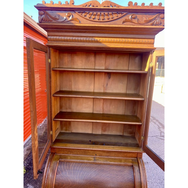 1800's Antique Victorian Eastlake Cylinder Roll-Top Secretary Desk With Bookcase For Sale - Image 10 of 11