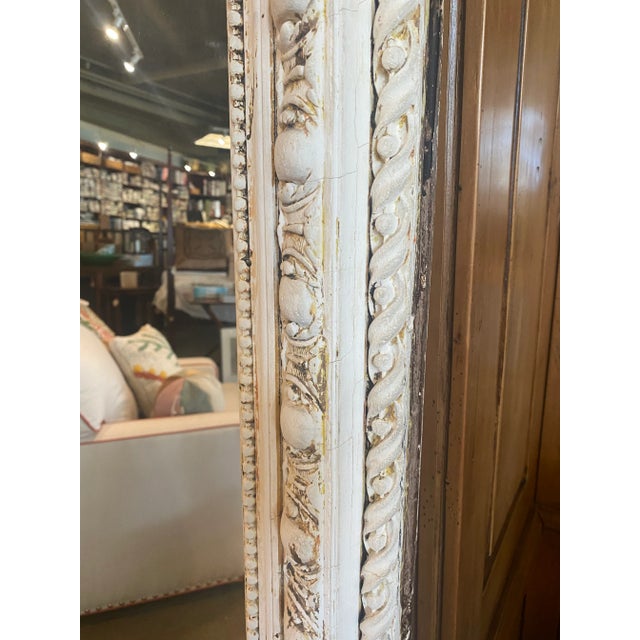 Early 20th Century Oversized Antique Frame Mirror in Distressed White Finish For Sale - Image 5 of 6