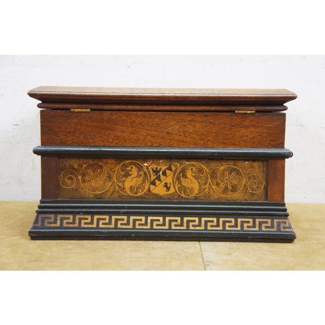 Antique Victorian Oak Grand Tour Box Neoclassical Inlay Greek Key Vanity Drawer For Sale - Image 10 of 16