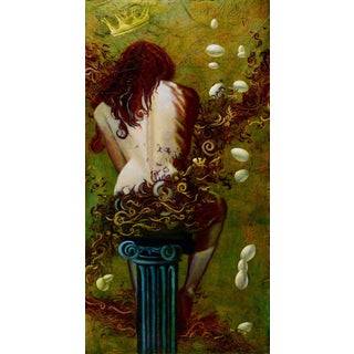 The Reluctant Empath of Fertility by Tammi Otis | Oil Painting of a woman with eggs and foliage For Sale