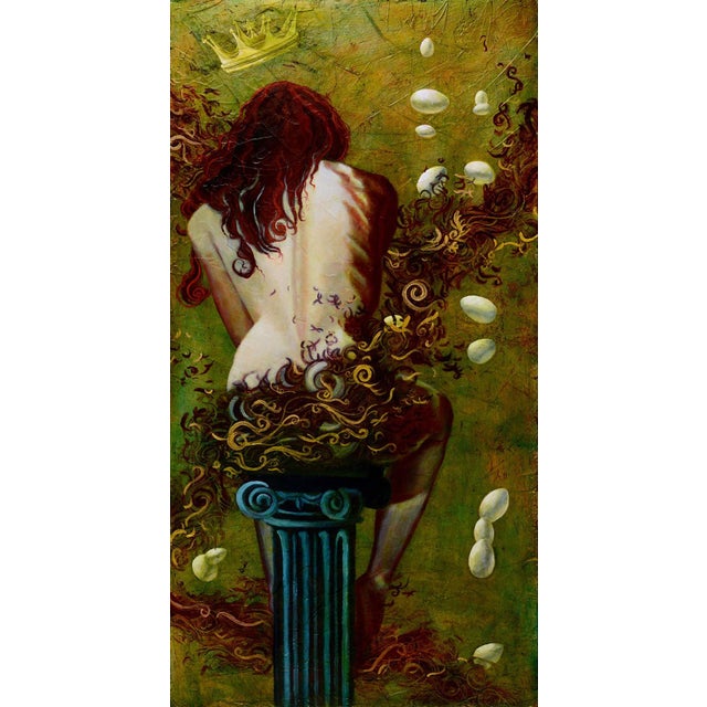 The Reluctant Empath of Fertility by Tammi Otis | Oil Painting of a woman with eggs and foliage For Sale