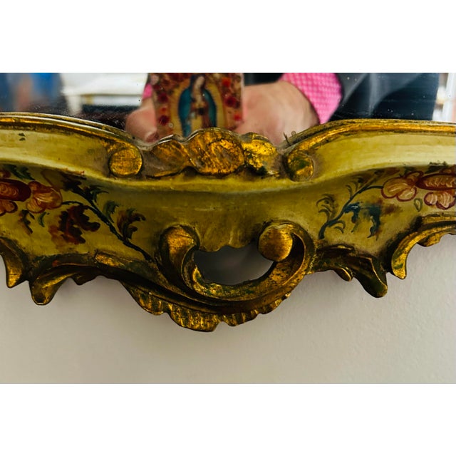 Wood Antique Rococo Style Carved Wood Gilt & Floral Decorated Venitian Mirror For Sale - Image 7 of 12