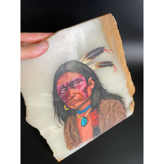 Rustic Native Indian Chief Portrait Oil Painting on Marble Slab #1 For Sale - Image 3 of 12