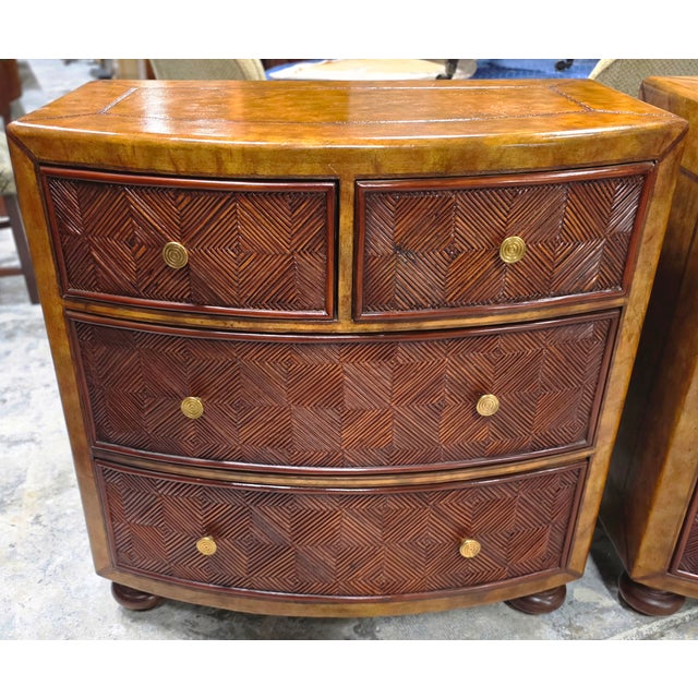 Late 20th Century Pair of Lineage Home Woven Rattan Front and Leather-Clad Bow Front Chest of Drawers For Sale - Image 4 of 18