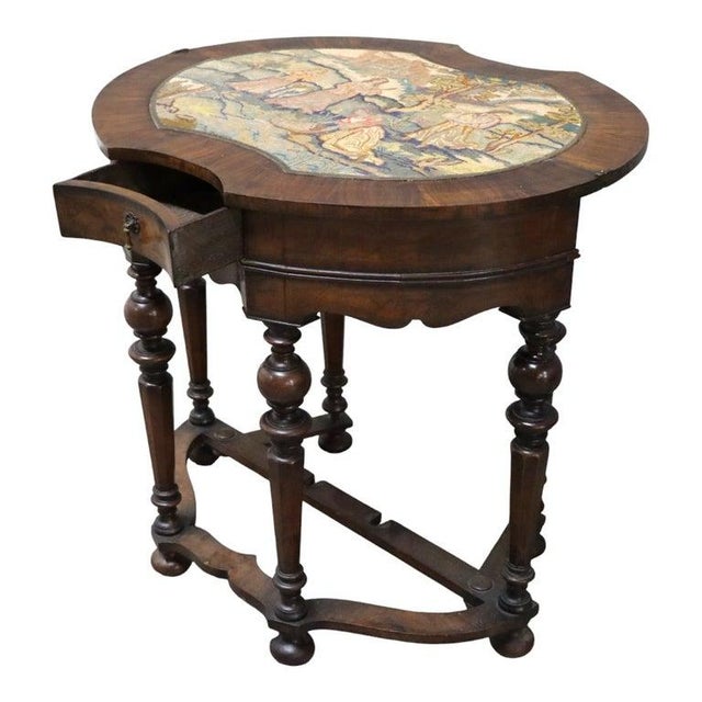 Wood English Jacobean Walnut & Burl Petit Point Top Game Table With Tapestry C1810 For Sale - Image 7 of 16