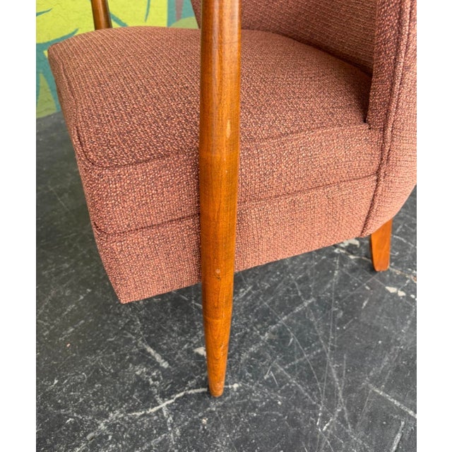 Classic pair of mid century sculptural walnut club chairs in the style of Lawrence Peabody. Reupholstered and oiled...
