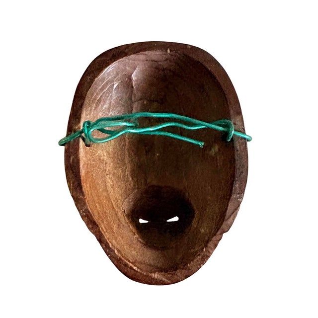 Japanese 1970s Miniature Japanese Traditional Noh Mask Omen Kabuki, Hand Carved Wood, 2.25” H For Sale - Image 3 of 7