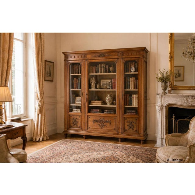 French Louis XVI Oak and Walnut Three Doors Vitrine Bookcase, 1900 For Sale - Image 17 of 18