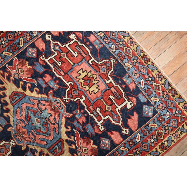 Antique Zabihi Collection Traditional Persian Square Navy Geometric Heriz Rug - 3'7" x 4'3" For Sale In New York - Image 6 of 7