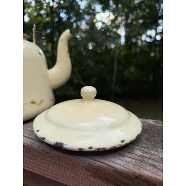Metal 20th Century Rustic Enamel Yellow Tea Kettle Cottage Decor or Planter For Sale - Image 7 of 16