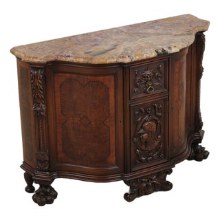 Vintage Louis XV Style Carved Inlaid Commode Server W. Marble Top For Sale
