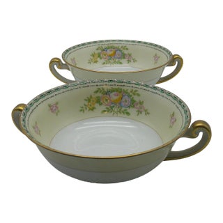 1930s Art Deco Atwater Pattern Japan Meito China Floral Double Handled Soup Bowls - Set of 2 For Sale
