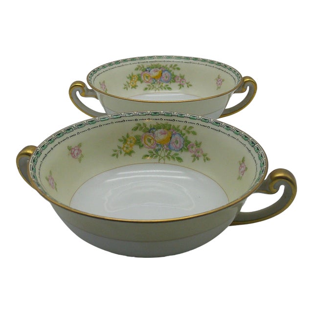 1930s Art Deco Atwater Pattern Japan Meito China Floral Double Handled Soup Bowls - Set of 2 For Sale