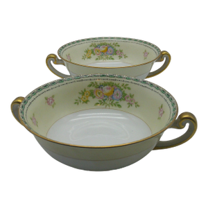 1930s Art Deco Atwater Pattern Japan Meito China Floral Double Handled Soup Bowls Set of 2
