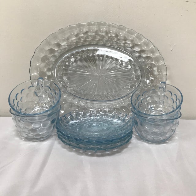 2 Anchor Hocking Glass Company Bubble Sapphire Blue Cups & Saucers Set Vintage 2 Anchor Hocking Glass Company Bubble Sapphire Blue Cups & Saucers Set Vintage