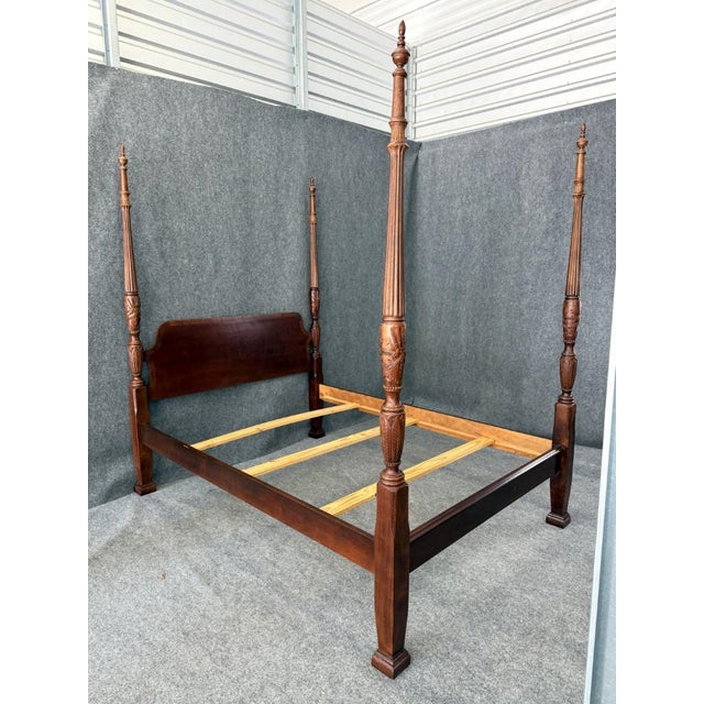 American Vintage Banded Mahogany Queen Size Rice Carved Poster Bed For Sale - Image 3 of 8