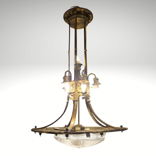 Art Nouveau Ceiling Lamp in Gilt Bronze and Frosted Crystal, France, 1930s For Sale - Image 3 of 18