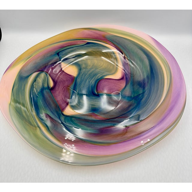 Early 20th Century Geometric Design Hand-Crafted Studio Art Glass Bowl Platter Centerpiece Signed For Sale - Image 5 of 10