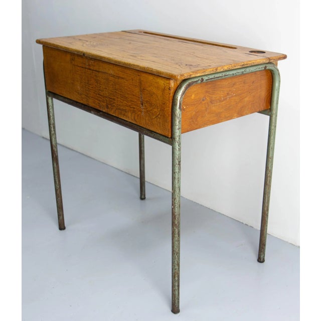 Mid 20th Century Student Oak & Iron Writing Table Slant Top Desk, France, 1950s For Sale - Image 3 of 12