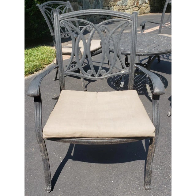 Vintage Cast Aluminum Patio Table & 4 Armchairs With Cushions Set For Sale - Image 4 of 9