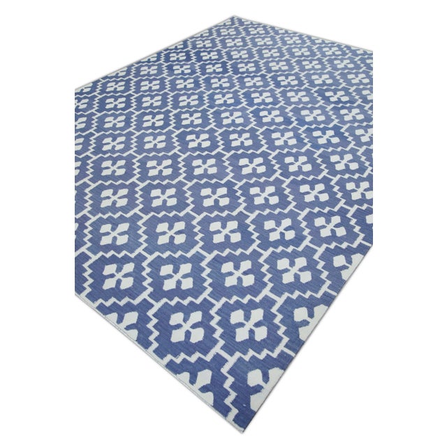 Blue Oriental Hand Knotted 21st Century Turkish Dusky Blue Kilim Rug 8'3" X 10'7" For Sale - Image 8 of 9