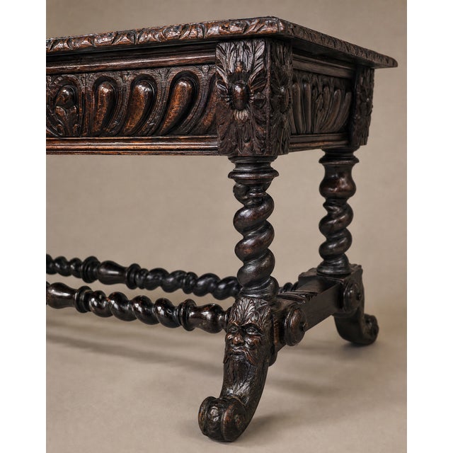 Brown Antique English Jacobean Revival Carved Oak Library Writing Table by Hobbs & Co. London For Sale - Image 8 of 12