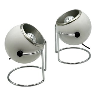 Italian Targetti Sankey Eyeball Lamps in White and Chrome, 1970s, Set of 2 For Sale